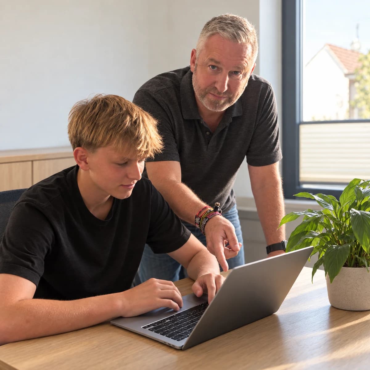 Holger Peschke mit seinem Sohn bei der gemeinsamen Arbeit am Laptop